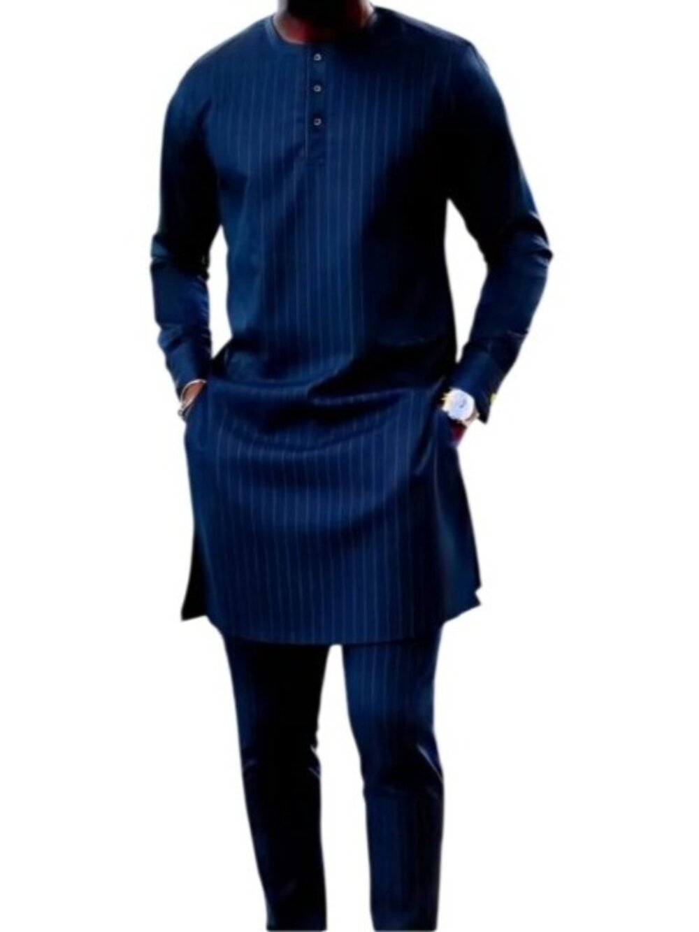 African Formal Dashiki Blue Stripe Shirt & Pant Suit Traditional Dress Outfit